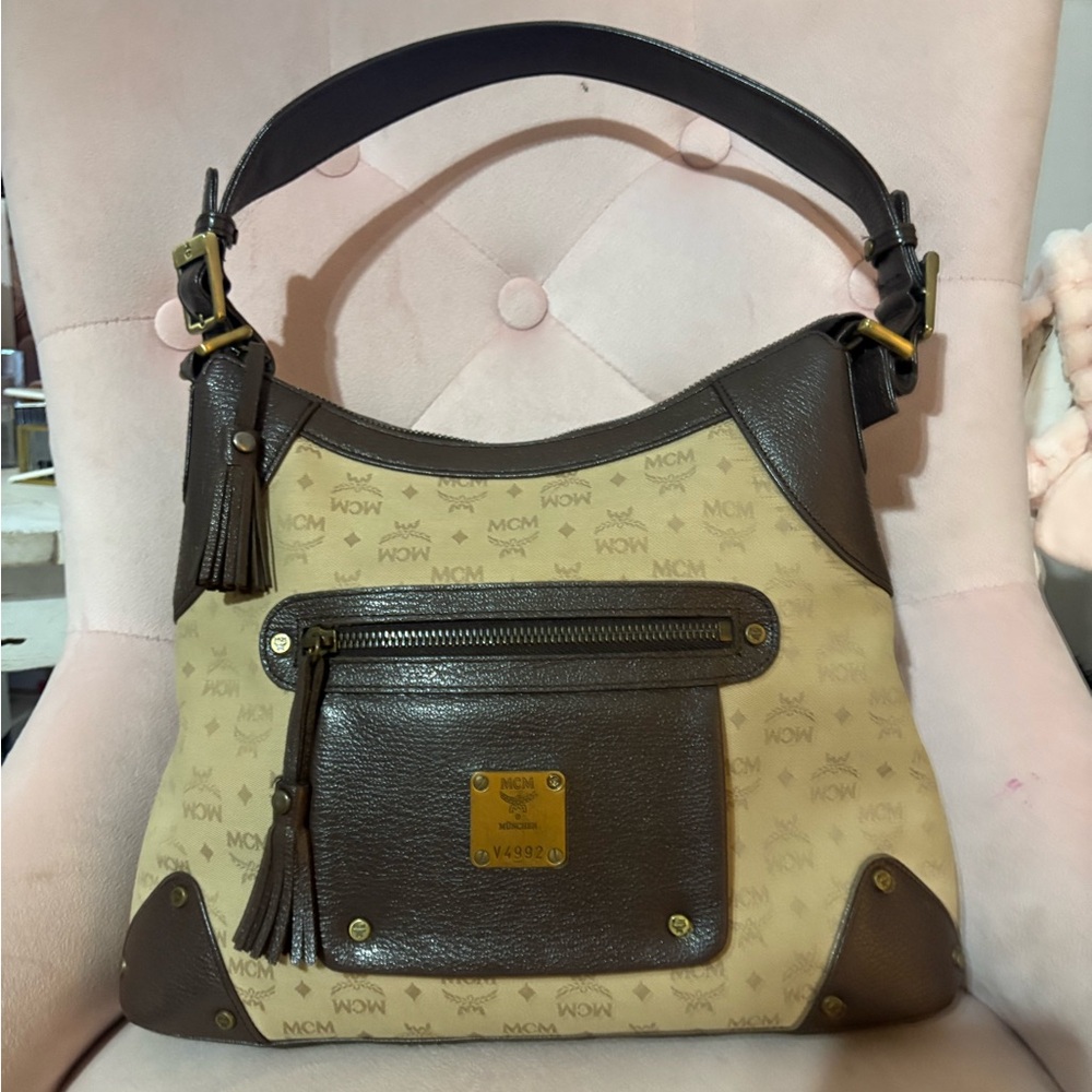 MCM Visetos shoulder/hobo Leather and Canvas Brown/Tan bag with tassels